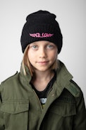 Susana Girls’ Beanie - Girls black wool mix beanie with wings motif on front.