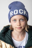 Susana Girls’ Beanie - Girls’ purple wool mix beanie with “Rock” slogan on front.