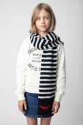 Ellane Girls’ Scarf - Girls’ navy blue wool mix scarf with stripes and embroidered wings.