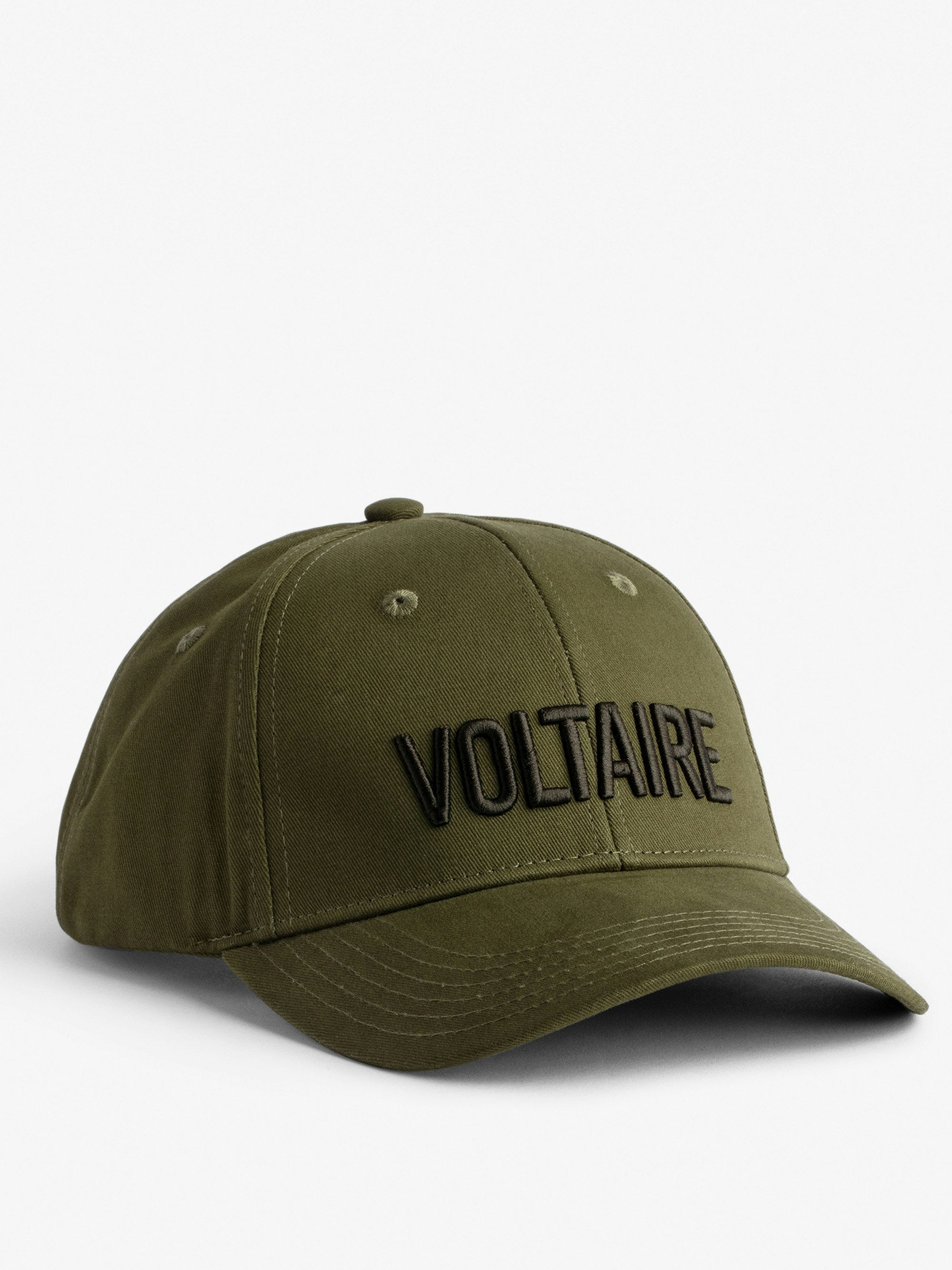 Klelia Voltaire Cap - Men's khaki cotton cap embroidered “Voltaire”.