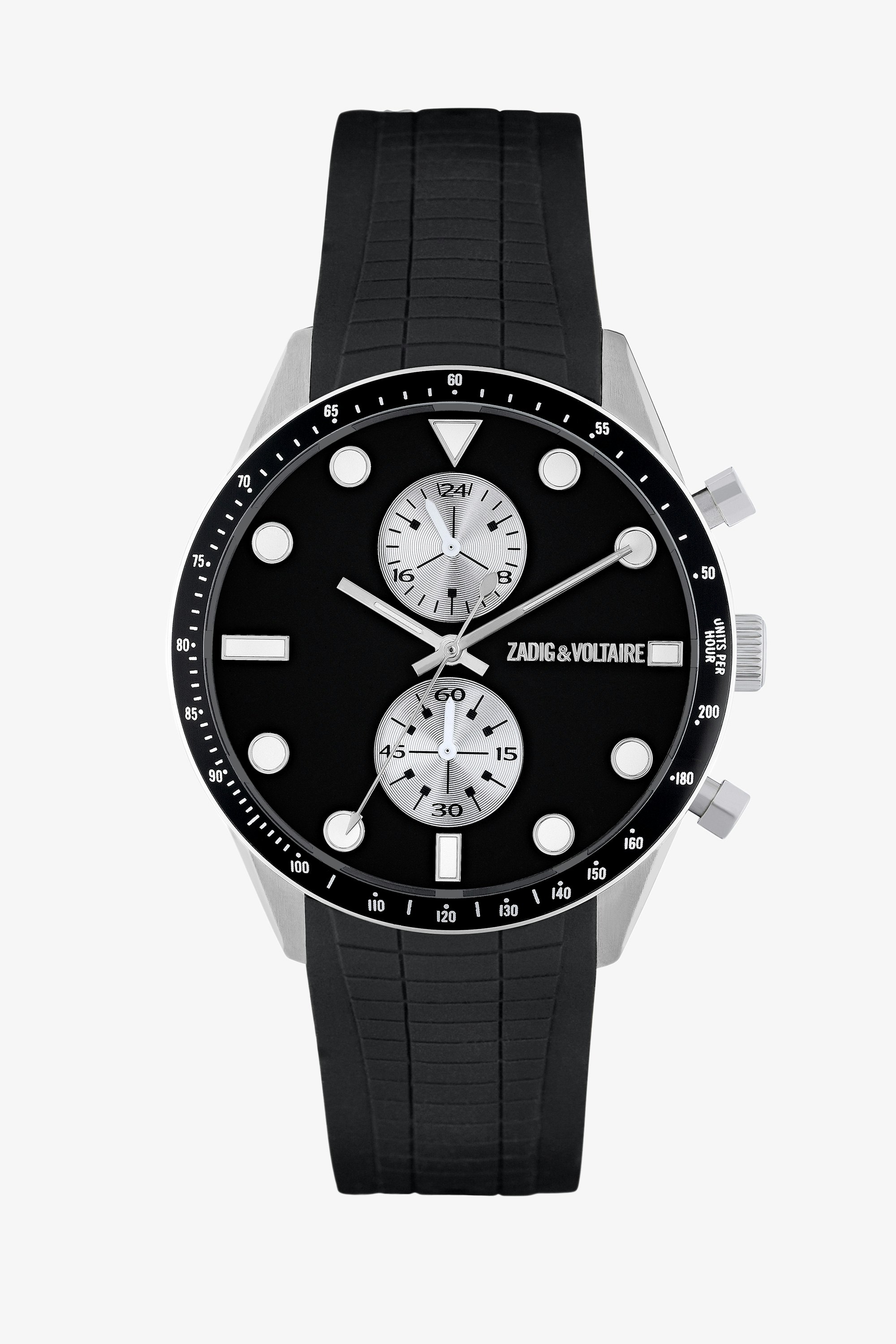 Master Watch with Silicone Strap Men’s silver-tone steel watch with black dial and black silicone strap