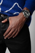 Reloj Strap Master Silicone - Reloj cronómetro de acero plateado para hombre con esfera negra y correa de silicona negra