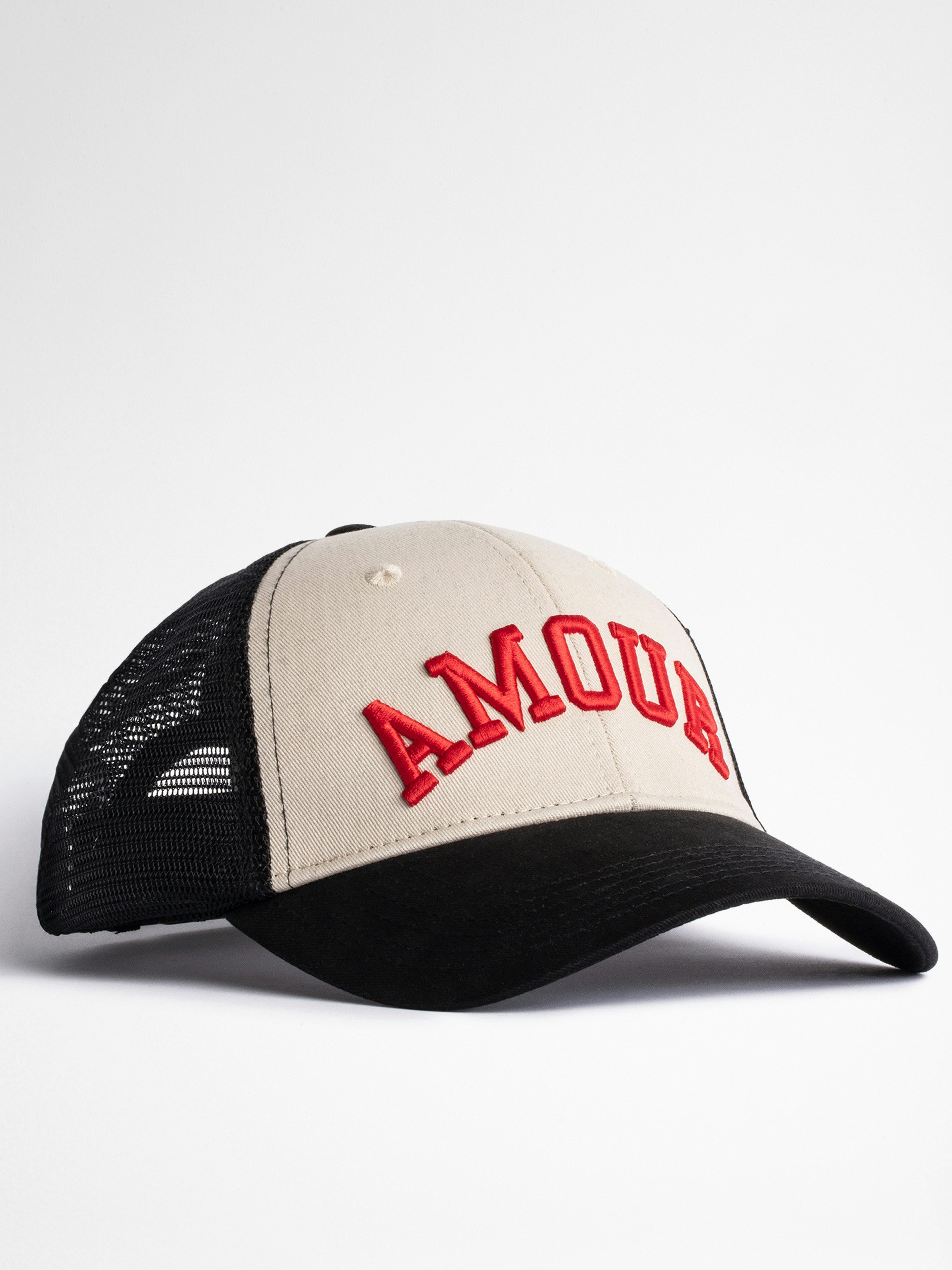 Klelia Amour Cap - Women's black cap with AMOUR embroidered in red.