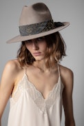Chapeau Amelia High Bandana Strass - Chapeau en laine beige et foulard bandana en soie Femme