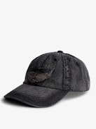 Klelia Rock Baseball Cap - Black denim baseball cap with wings embroidery.