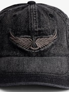 Klelia Rock Baseball Cap - Black denim baseball cap with wings embroidery.