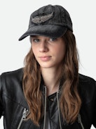 Klelia Rock Baseball Cap - Black denim baseball cap with wings embroidery.