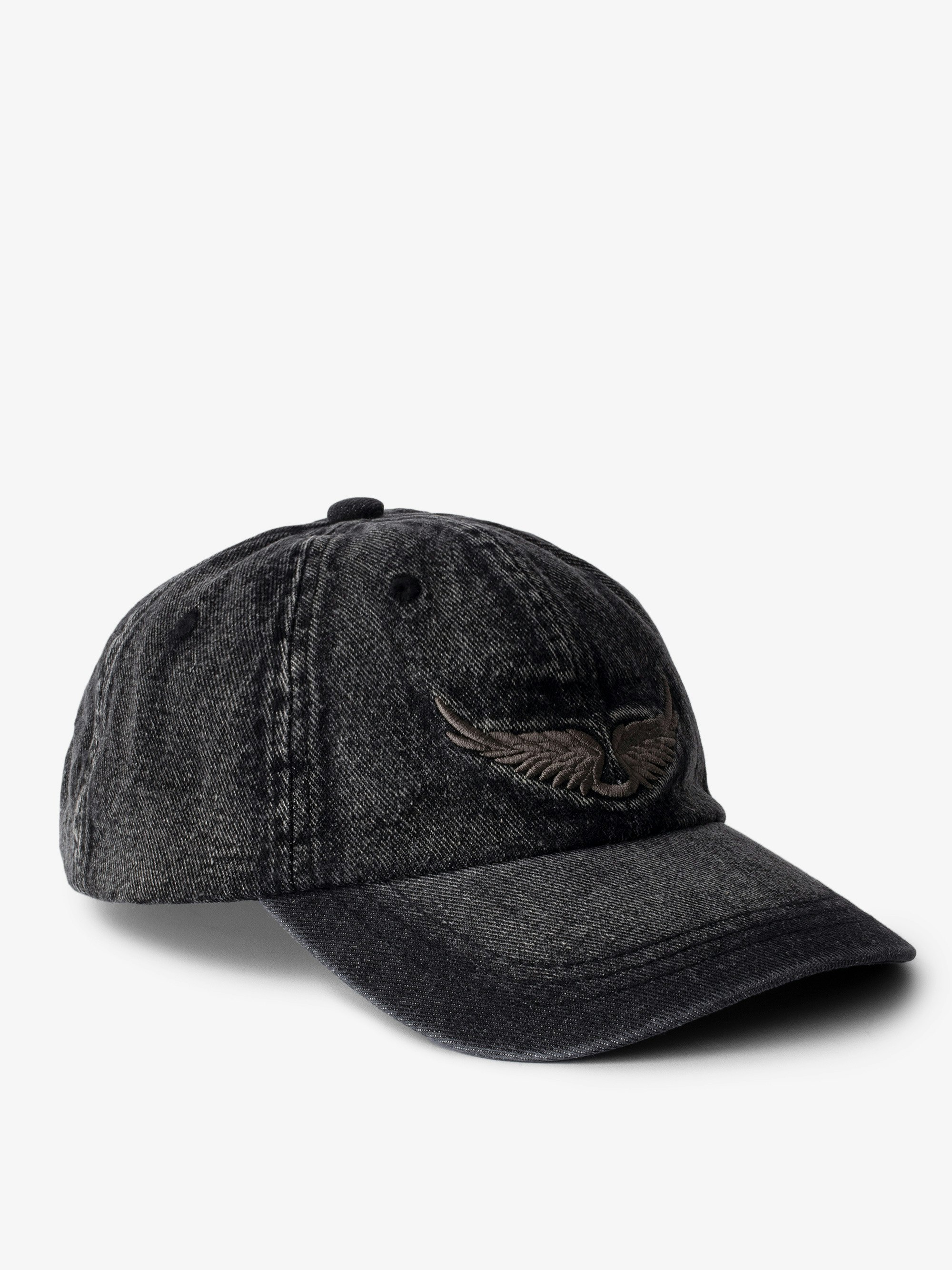 Klelia Rock Baseball Cap - Black denim baseball cap with wings embroidery.