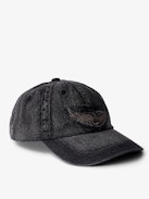 Klelia Rock Baseball Cap - Black denim baseball cap with wings embroidery.