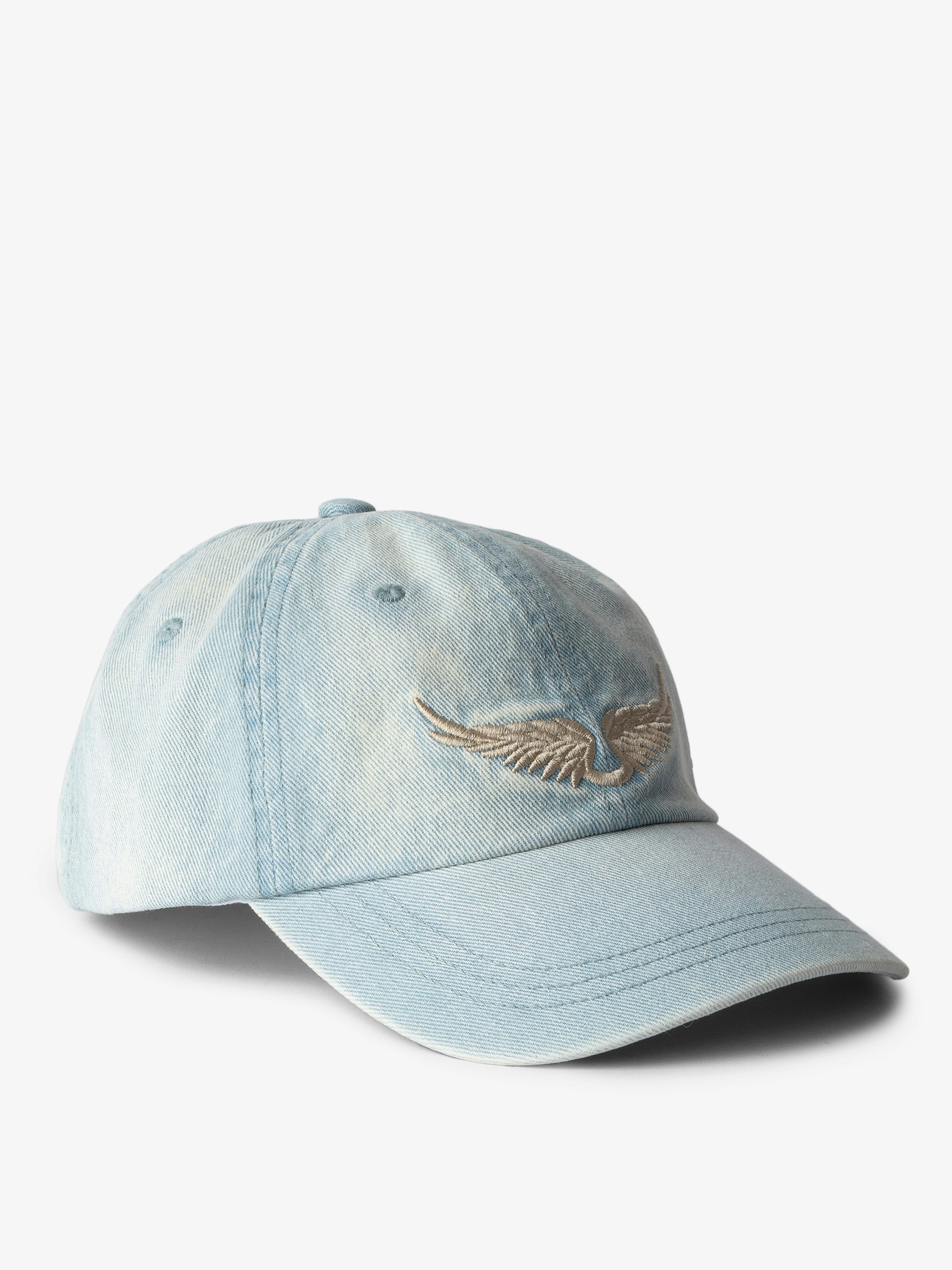 Klelia Rock Baseball Cap - Sky blue denim baseball cap with wings embroidery.