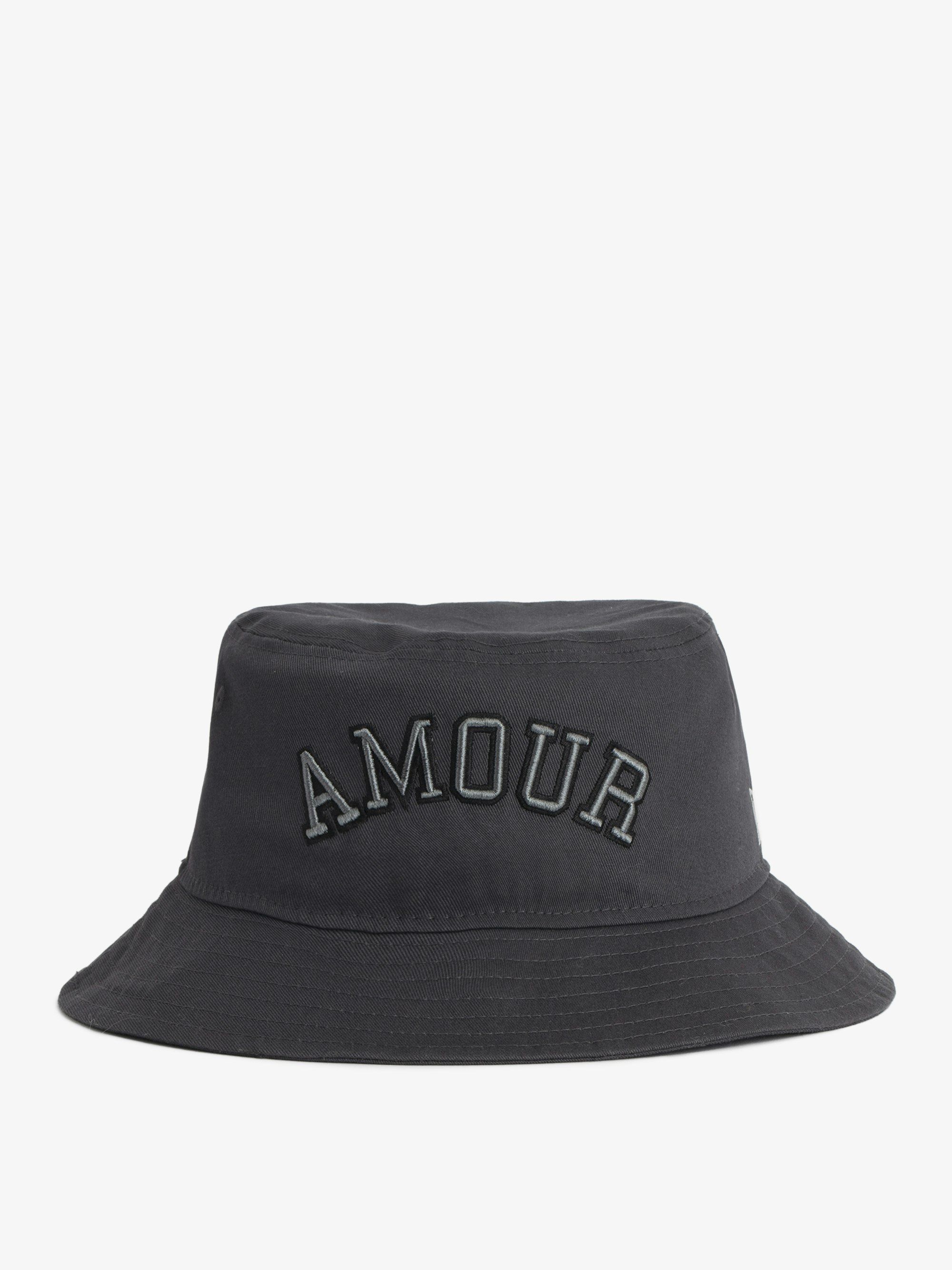 New Era Amour Bucket Hat - Dark grey cotton bucket hat with “Amour” embroidery, New Era and Zadig&Voltaire logos and “Unlimited Love” slogan on the inside.