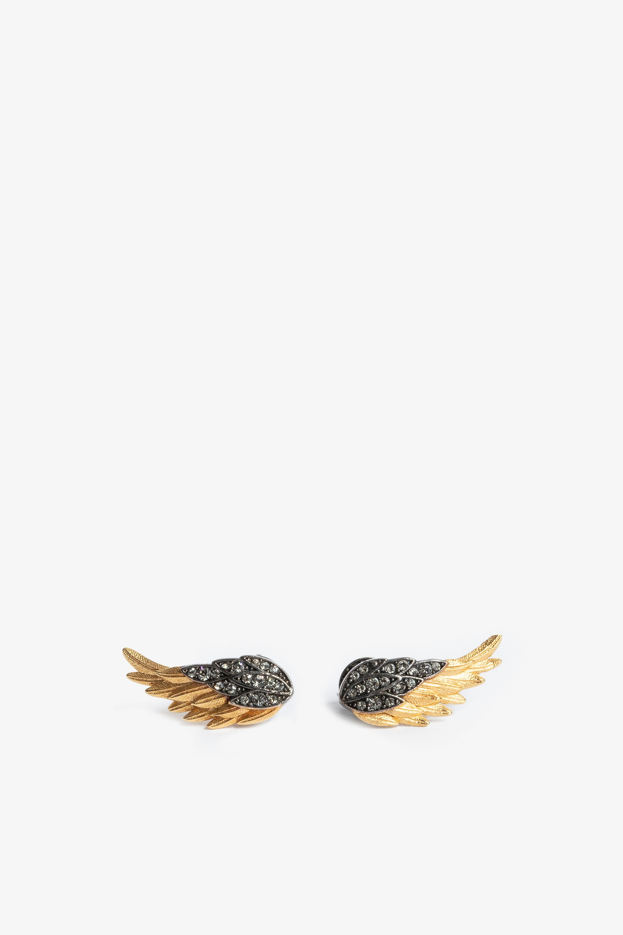 Rock Feather Earrings - Blackened and gold-tone brass crystal-embellished wings earrings.