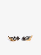 Boucles D'Oreilles Rock Feather - Boucles d'oreilles en forme d'ailes en laiton noirci et doré serti de cristaux.