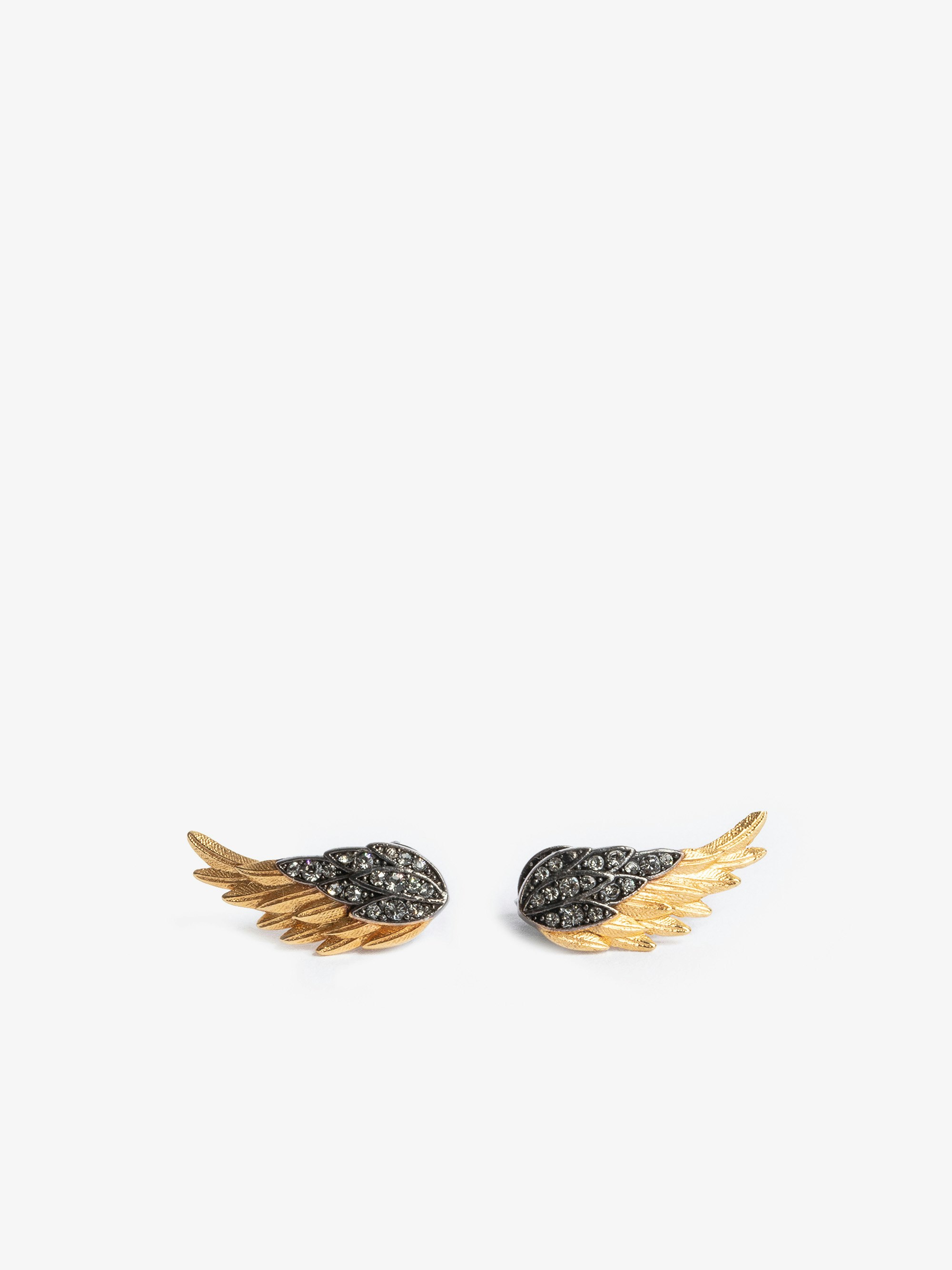 Pendientes Rock Feather - Pendientes en forma de alas de latón ennegrecido y dorado con cristales engastados.