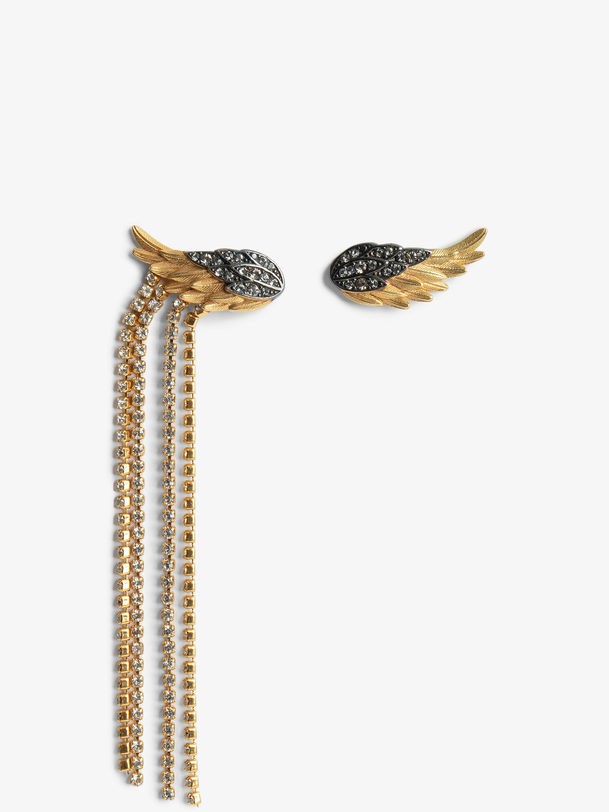 Pendientes Rock Feather - Pendientes con alas asimétricas de latón dorado y ennegrecido con cristales engastados blancos.