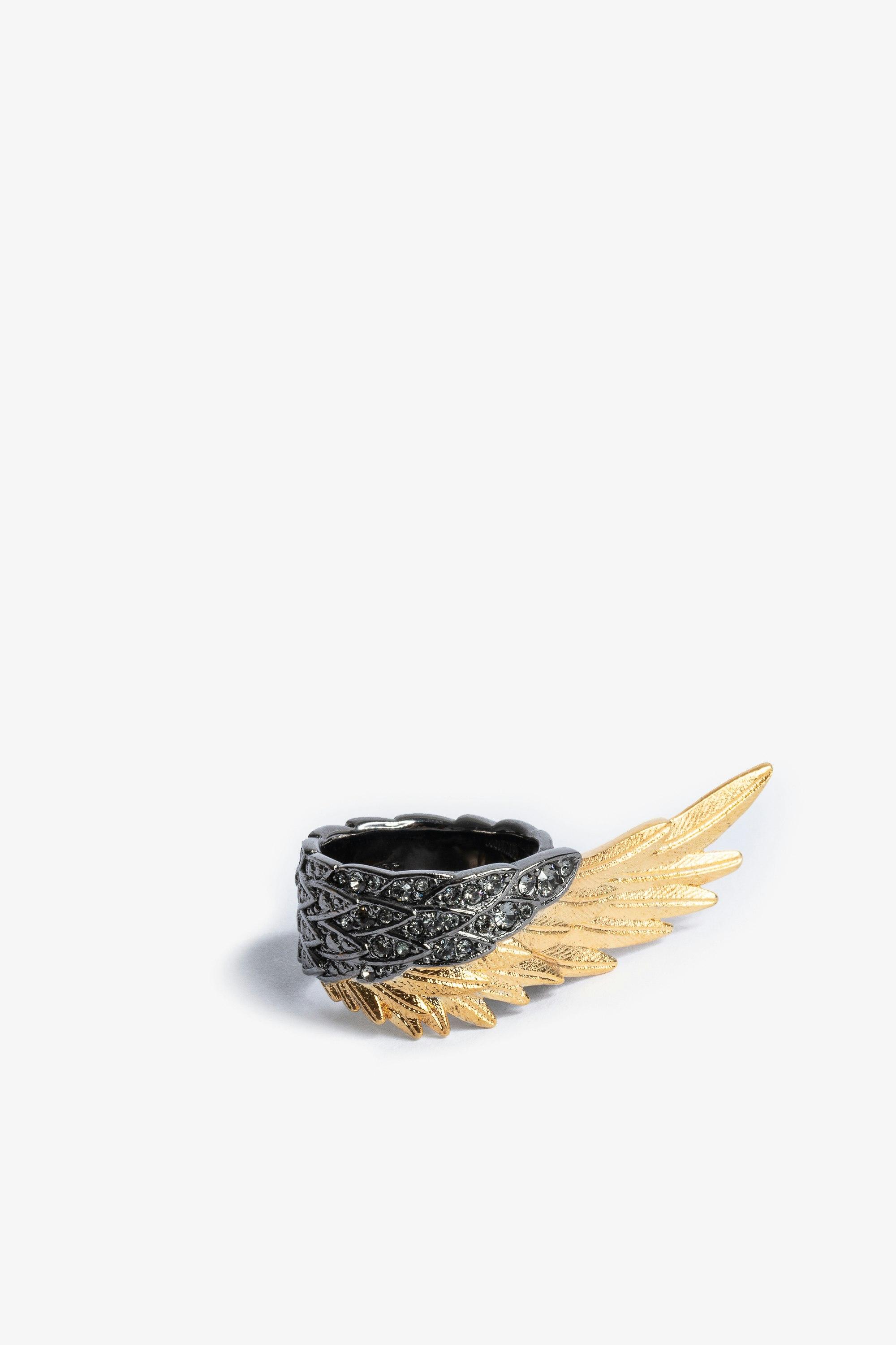 Ring Rock Feather Spread Your Wings Damenring aus goldfarbenem und geschwärztem, mit Kristallen besetztem Messing