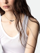 Rock Feather Necklace - Chain necklace with crystal-embellished wings pendant.