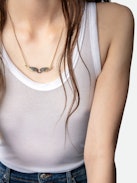 Rock Feather Necklace - Chain necklace with crystal-embellished wings pendant.