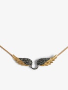 Rock Feather Necklace - Chain necklace with crystal-embellished wings pendant.