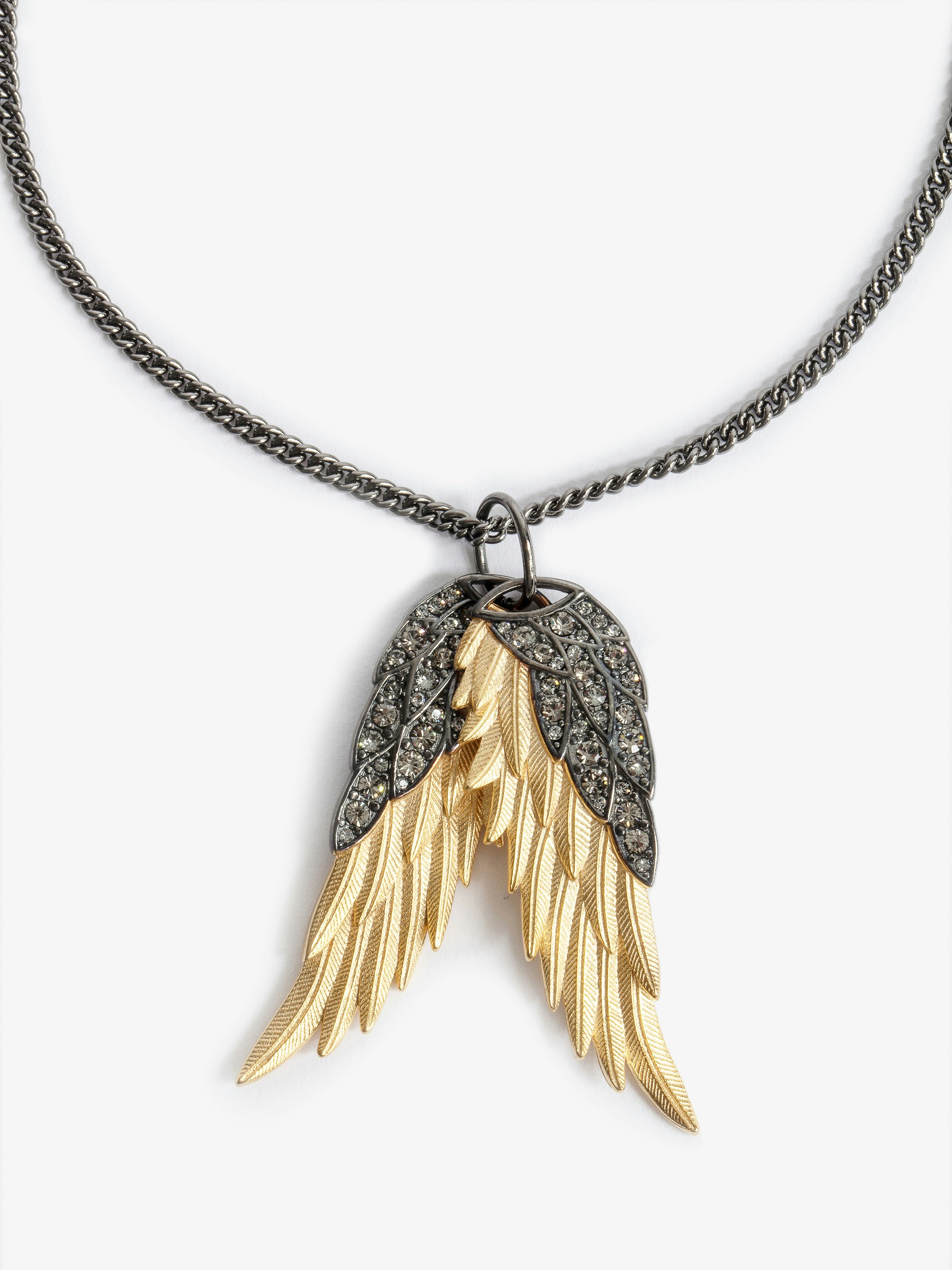 Rock Feather Pendant Necklace - Women's brass and rhinestone necklace.