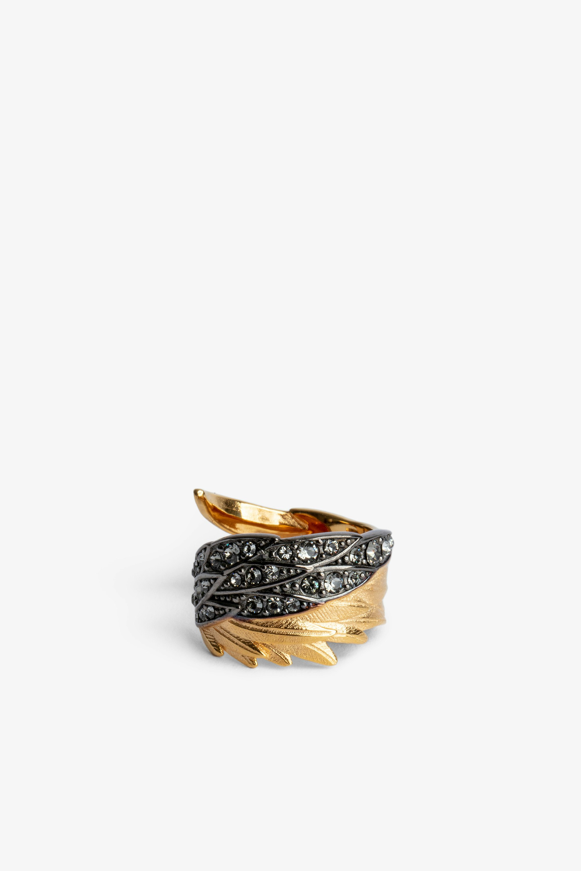 Rock Feather Ring Women’s crystal-embellished blackened and gold-tone brass ring