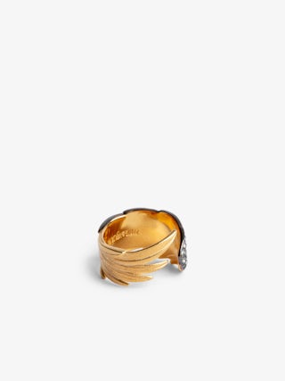 Rock Feather Ring - Crystal-embellished blackened and gold-tone brass ring.