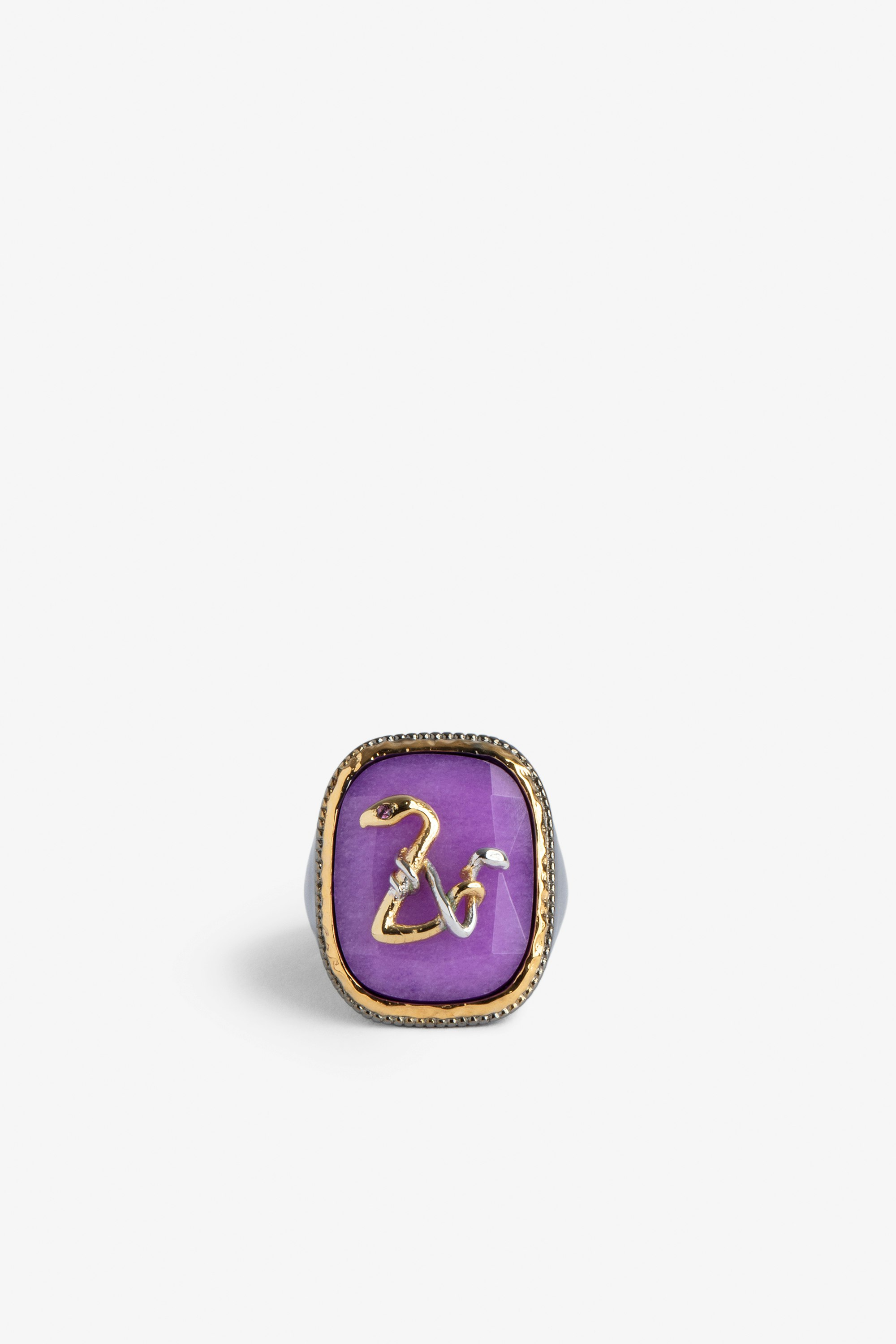 ZV Snake Signet Ring Women's purple signet ring set with ZV snakes in gold-tone brass
