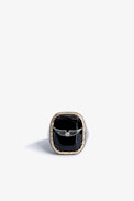 Rock Signet Ring - Blackened and gold-tone metal signet ring.
