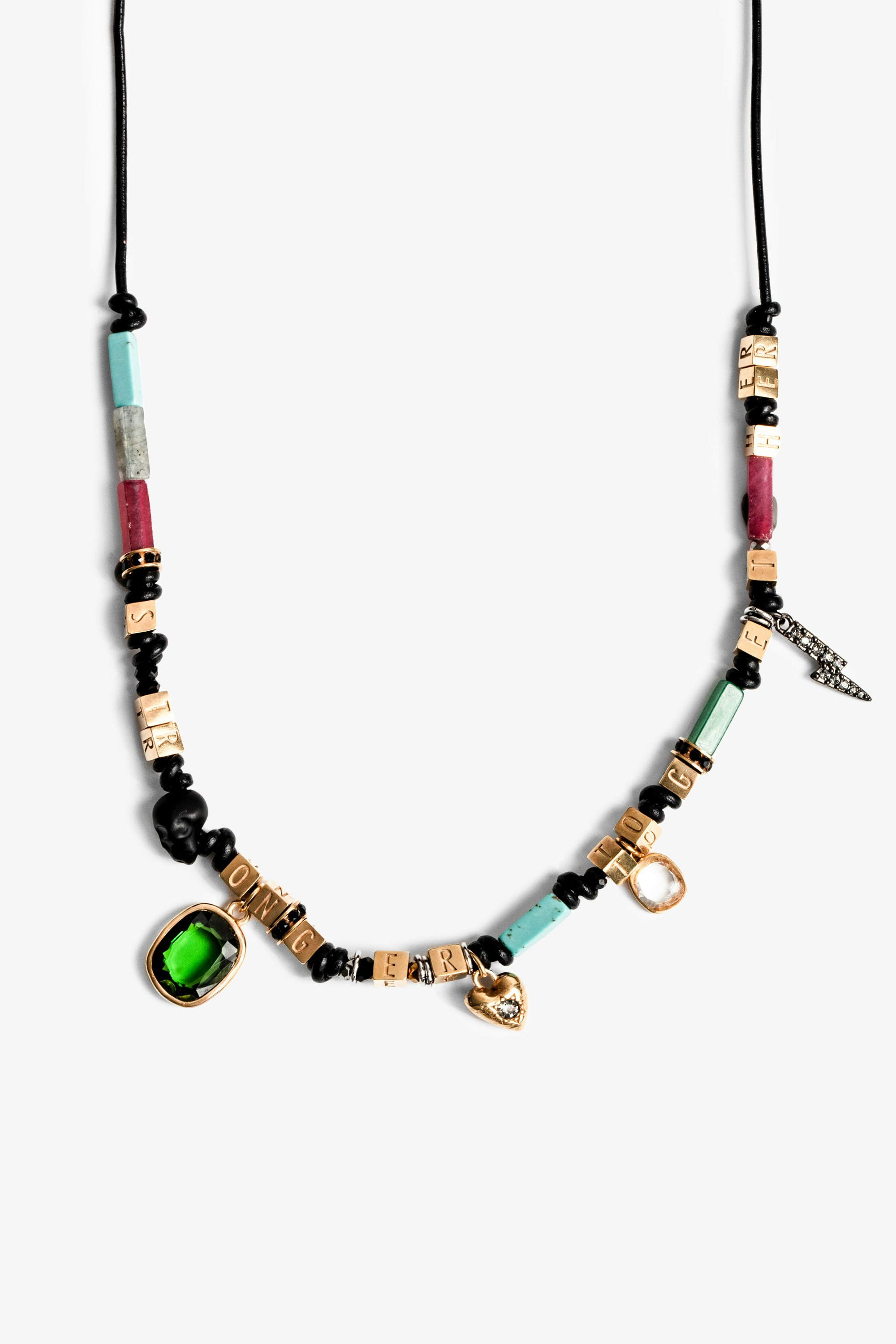 Mix n Match Full Charms Necklace Women’s cord necklace with metal charms and stones.