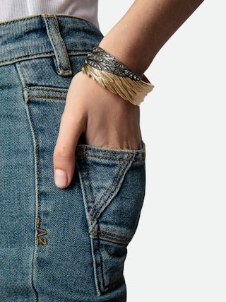 Rock Feather Spread Your Wings Bracelet - Blackened and gold-tone brass bangle.