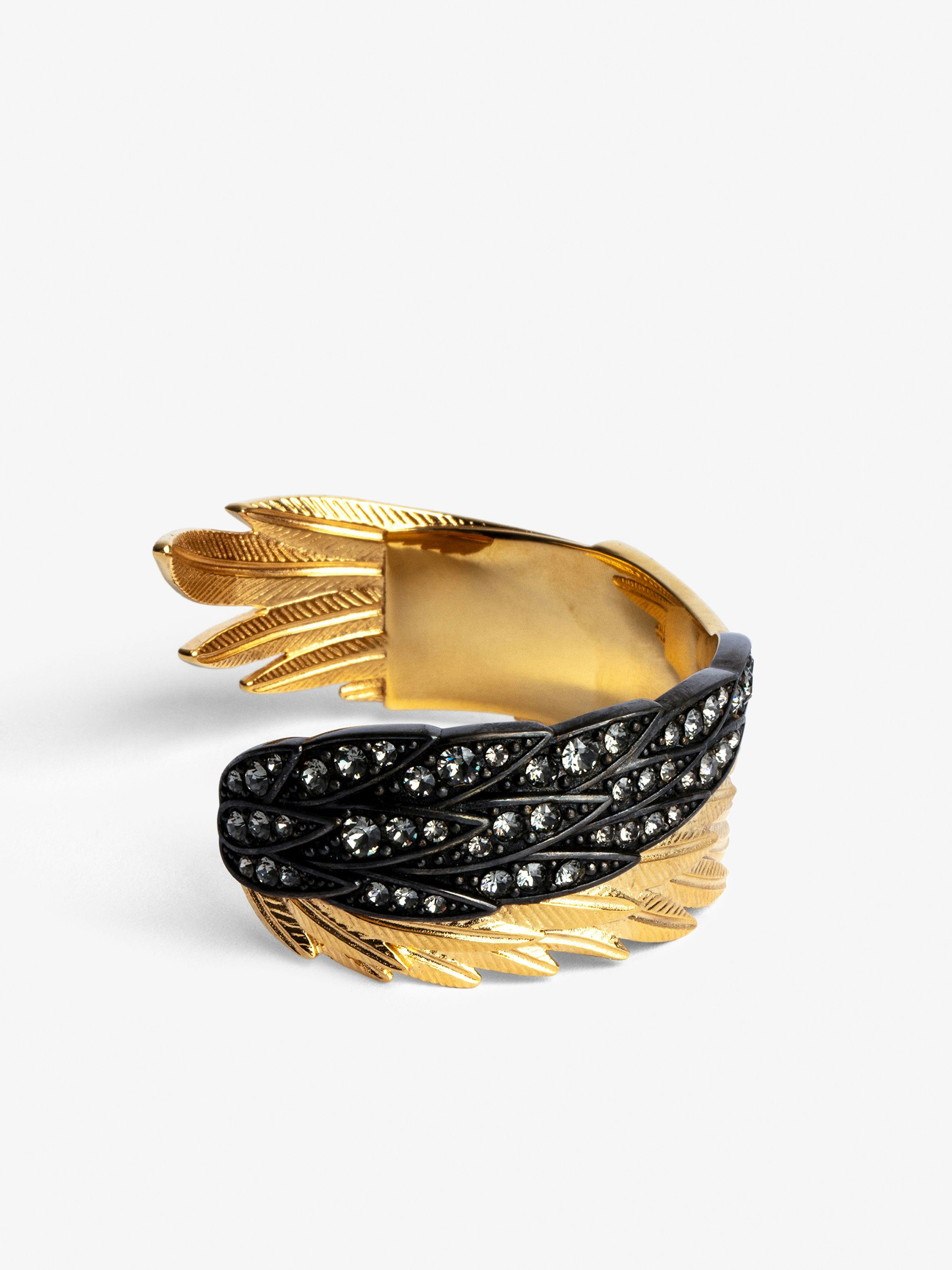 Bracelet Rock Feather Spread Your Wings - Bracelet jonc en laiton doré et noirci.