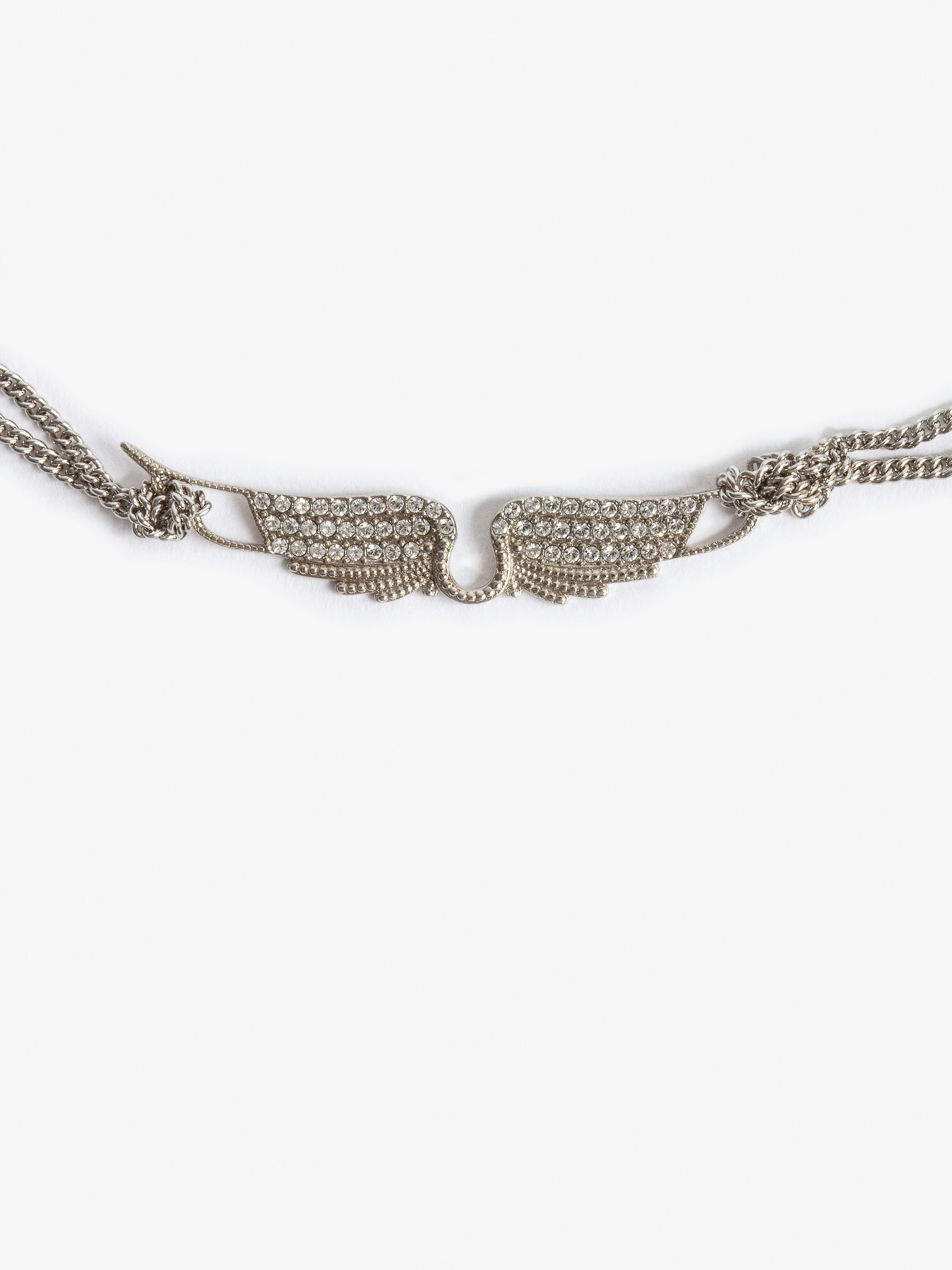 Rock Choker Necklace - Silver-tone brass short necklace with crystal-embellished wings pendant.