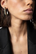 Cecilia Earrings - Women’s gold-toned recycled brass C-shaped earrings with green crystals