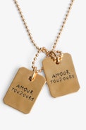 Cecilia Necklace - Gilded brass necklace with pendants with the inscription “Amour toujours” and crystals.