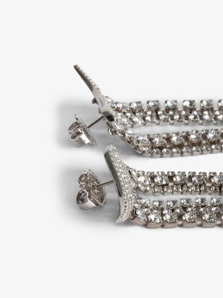 Rock Color Earrings - Silver-tone brass drop earrings with diamanté wings and tassels.