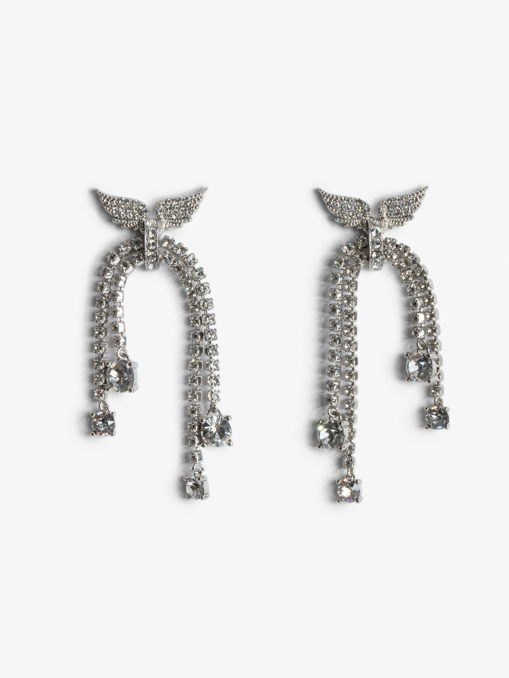 Rock Node Earrings - Silver-tone brass drop earrings with diamanté wings and tassels.