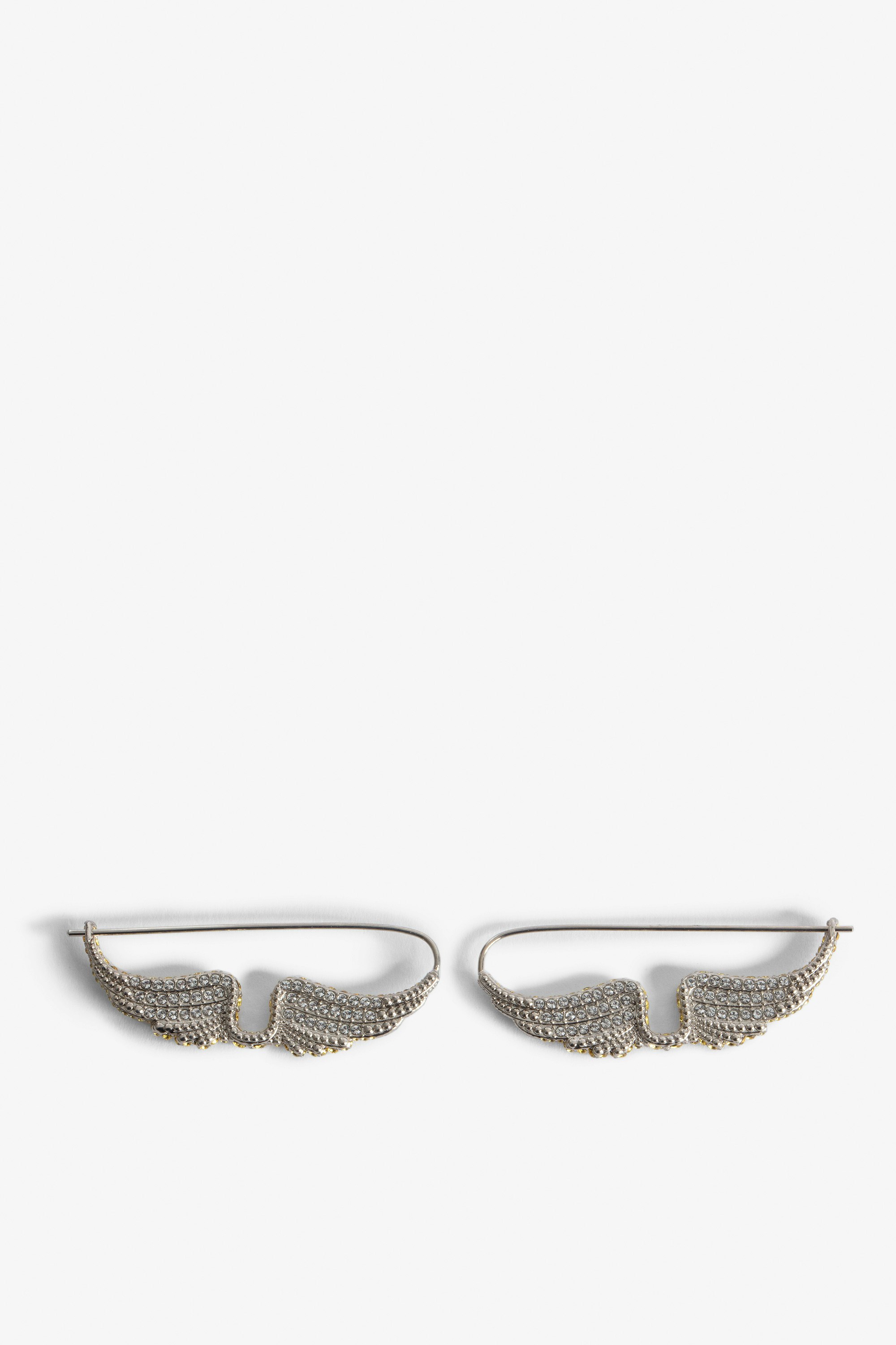 Pendientes Rock Piercing - Pendientes plateados de latón con alas engastadas con strass para mujer.