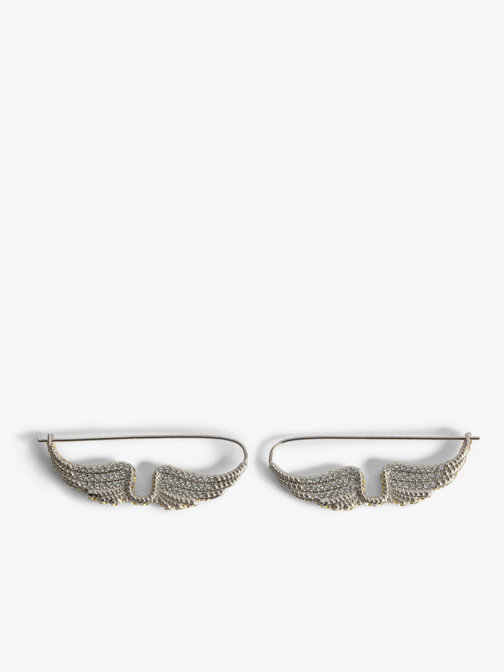 Pendientes Rock Piercing - Pendientes plateados de latón con alas engastadas con strass para mujer.