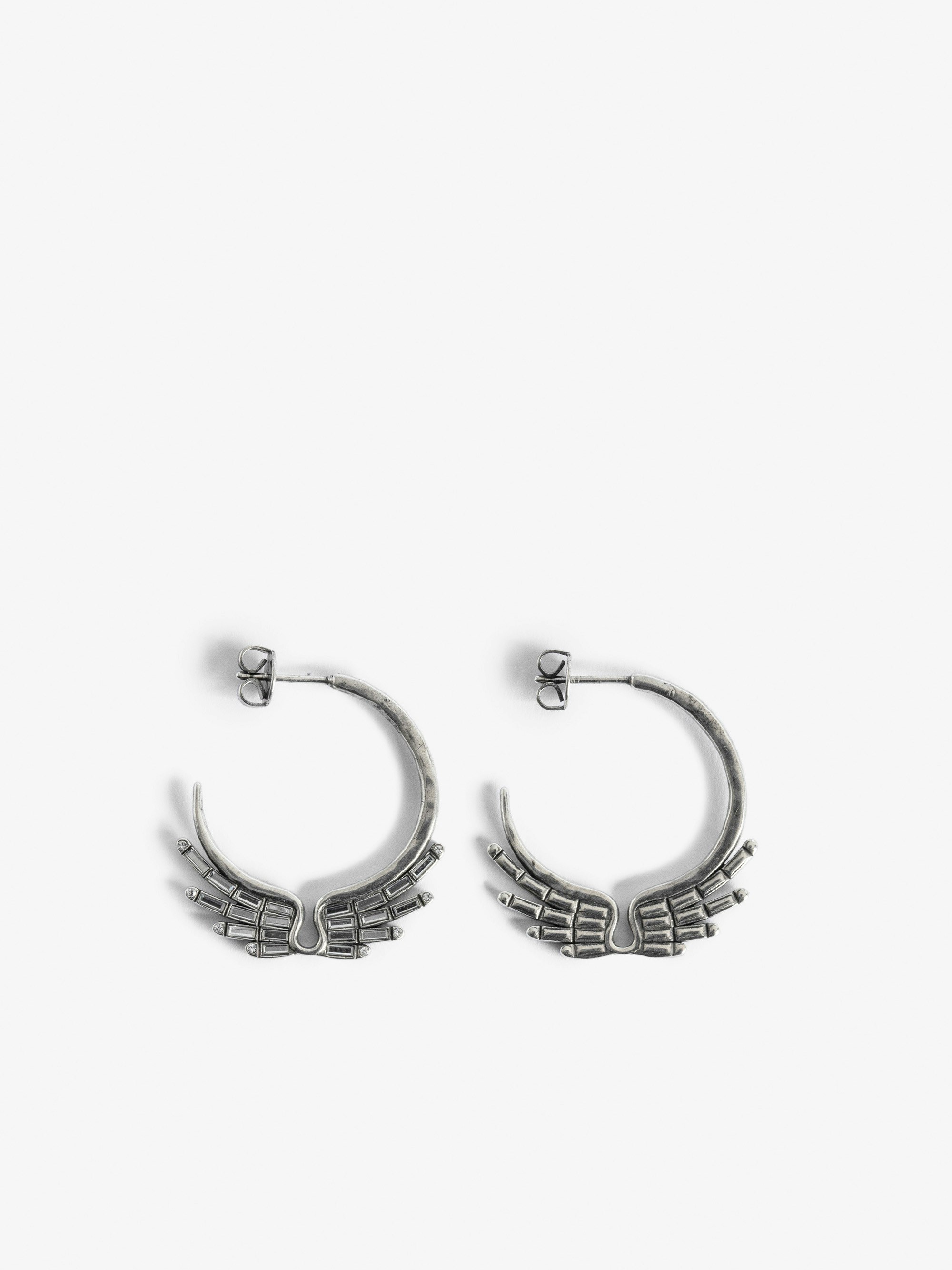 Rock Star Earrings - Silver-tone brass hoop earrings with diamanté wings.