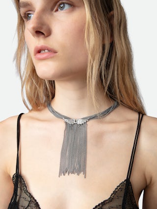 Collier Rock Star - Collier en laiton argenté à charm ailes.