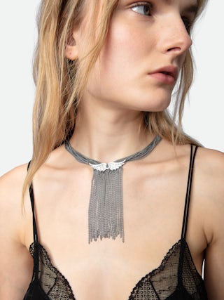 Collier Rock Star - Collier en laiton argenté à charm ailes.