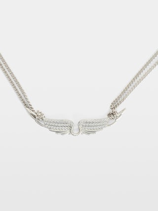 Halskette Rock Choker - Halskette mit doppelter Kette und Flügelanhänger mit Strasssteinen verziert.