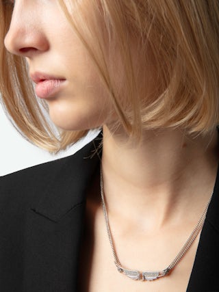Rock Choker Necklace - Necklace with double chain and wing pendant adorned with rhinestones.