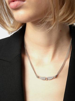 Halskette Rock Choker - Halskette mit doppelter Kette und Flügelanhänger mit Strasssteinen verziert.
