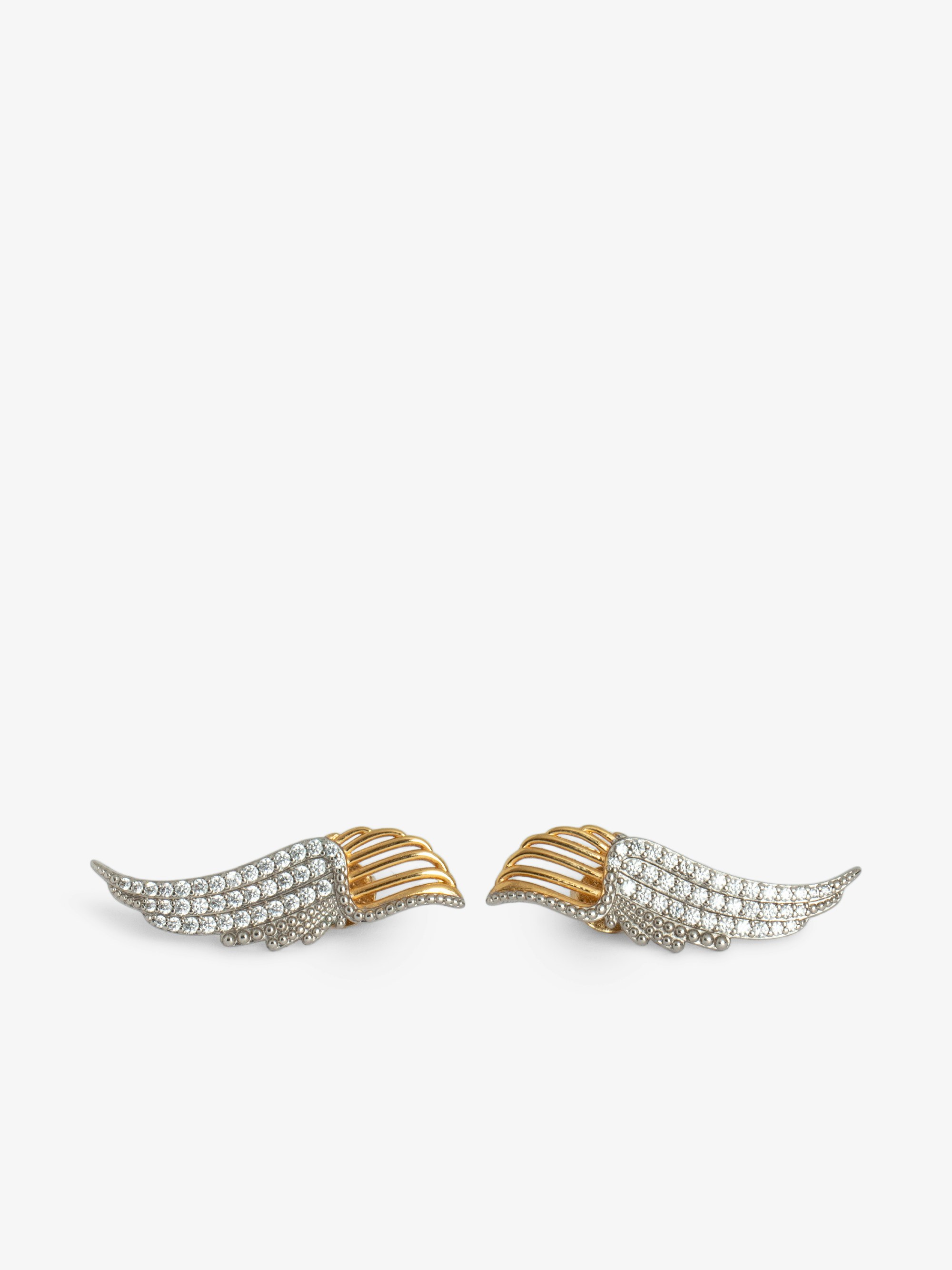 Rock Over Earrings - Gold-tone brass earrings with wings embellished with silver crystals.