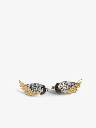 Rock Feather Earrings - Blackened and gold-tone brass crystal-embellished wings earrings.