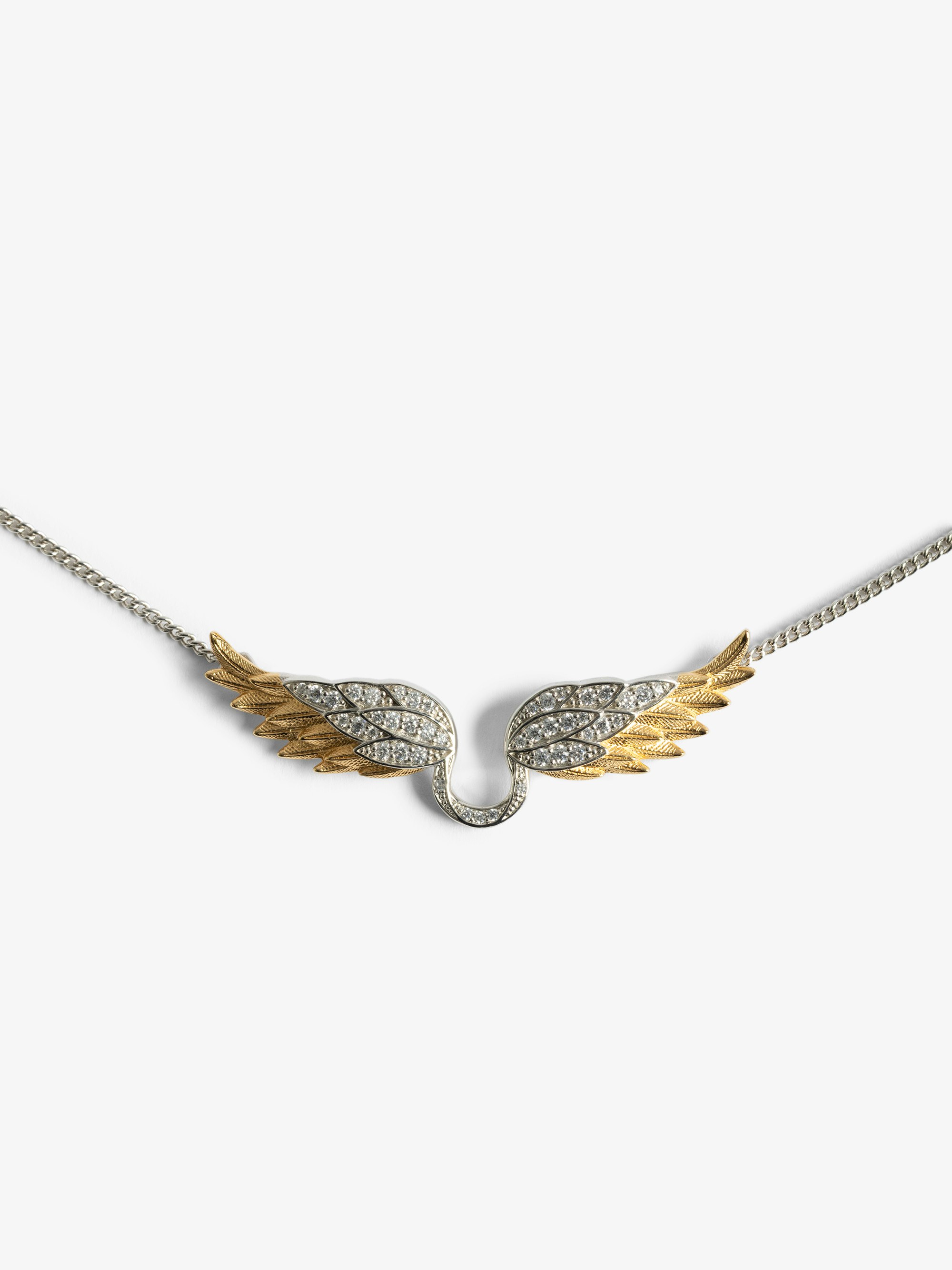 Rock Feather Necklace - Gold-plated brass necklace with wing pendant adorned with rhinestones.