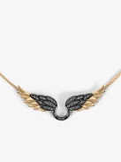 Rock Feather Necklace - Gold-tone and blackened brass necklace with a wing pendant embellished with crystals.