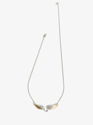 Rock Feather Necklace - Gold-plated brass necklace with wing pendant adorned with rhinestones.