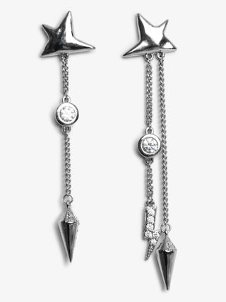 Rock Star Earrings - Silver-toned brass star earrings with chains featuring lightning bolts and rhinestone studs.